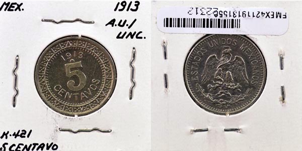 Mexico, United States, 1913 5 Centavos, Cat# 421 MAIN