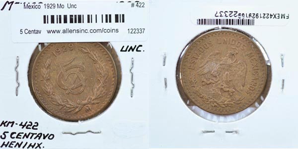 Mexico, United States, 1929 Mo 5 Centavos, Cat# 422 MAIN