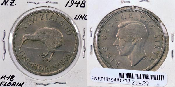 New Zealand, 1948 1 Florin, Cat# 18 MAIN