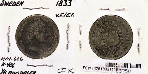 Sweden, 1833 1/8 Riksdaler, Cat# 626 MAIN