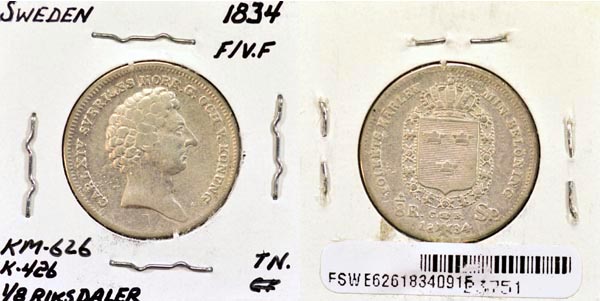 Sweden, 1834 1/8 Riksdaler, Cat# 626 MAIN