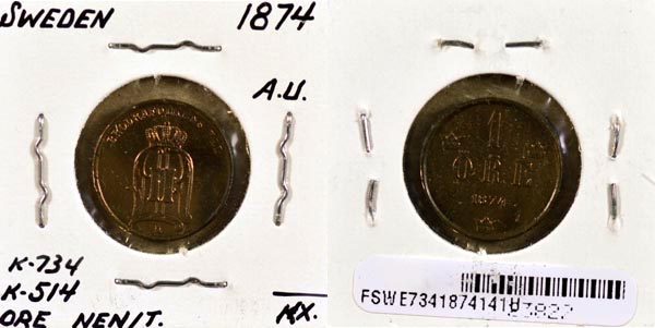 Sweden, 1874 1 Ore, Cat# 734 MAIN