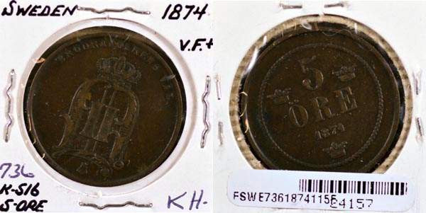 Sweden, 1874 5 Ore, Cat# 736 MAIN