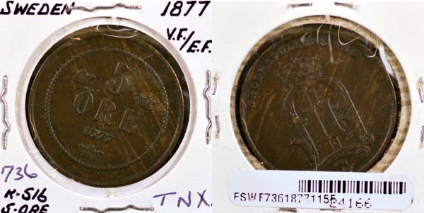 Sweden, 1877 5 Ore, Cat# 736 MAIN