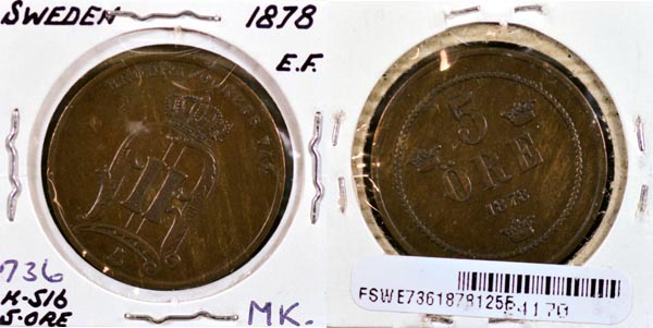 Sweden, 1878 5 Ore, Cat# 736 MAIN