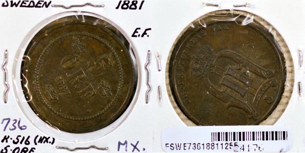 Sweden, 1881 5 Ore, Cat# 736 MAIN