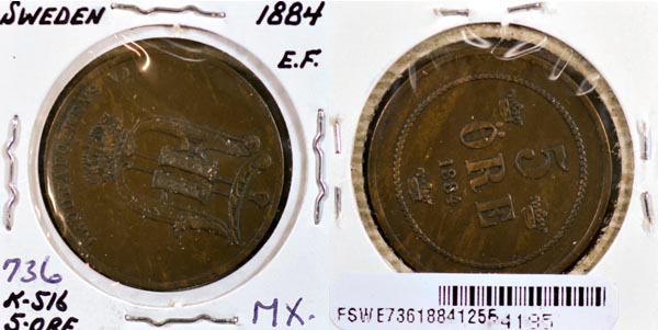 Sweden, 1884 5 Ore, Cat# 736 MAIN