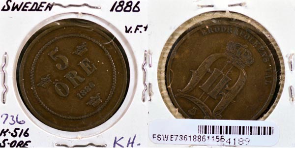 Sweden, 1886 5 Ore, Cat# 736 MAIN