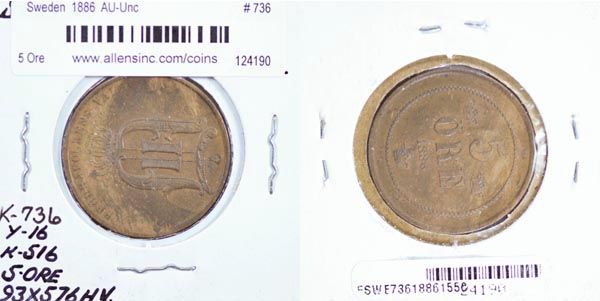 Sweden, 1886 5 Ore, Cat# 736 MAIN