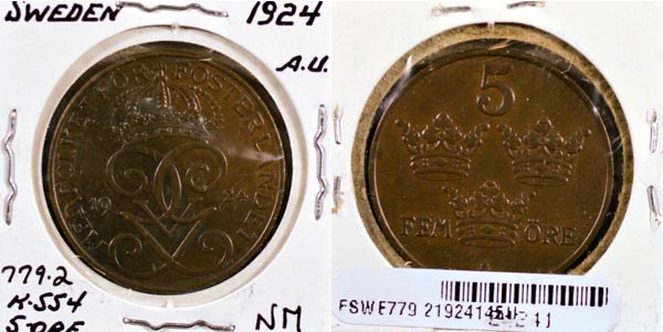 Sweden, 1924 5 Ore, Cat# 779.2 MAIN