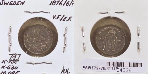 Sweden, 1876/6 ST 10 Ore, Cat# 737 MAIN