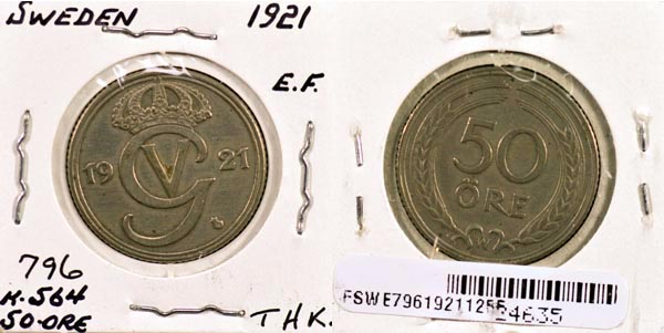 Sweden, 1921 W 50 Ore, Cat# 796 MAIN