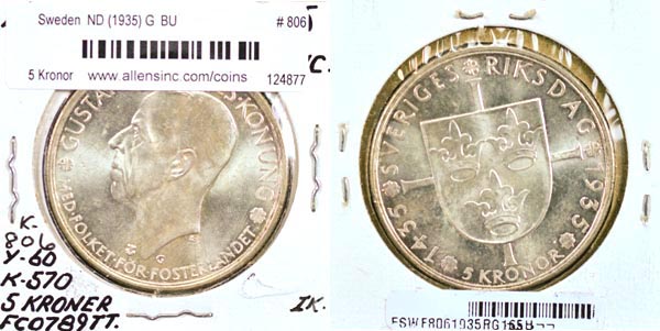 Sweden, ND (1935) G 5 Kronor, Cat# 806 MAIN