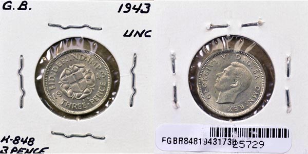 Great Britain, 1943 3 Pence, Cat# 848 MAIN
