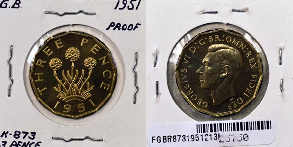 Great Britain, 1951 3 Pence, Cat# 873 MAIN