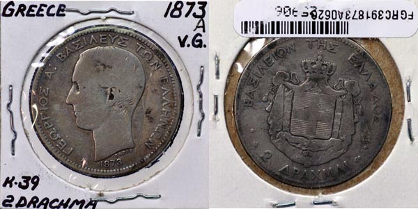 Greece, 1873 A 2 Drachmai, Cat# 39 MAIN