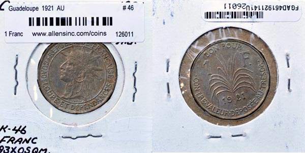 Guadeloupe, 1921 1 Franc, Cat# 46 MAIN