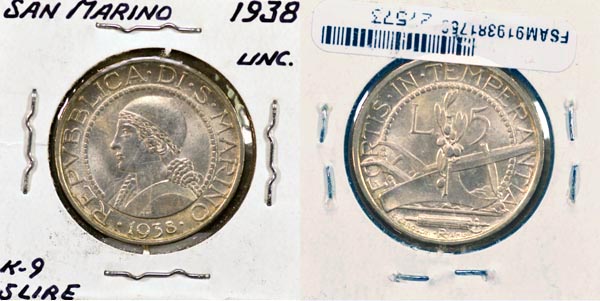 San Marino, 1938 R 5 Lire, Cat# 9 MAIN