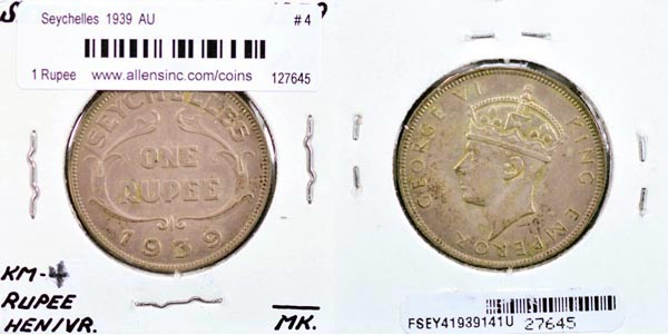 Seychelles, 1939 1 Rupee, Cat# 4 MAIN