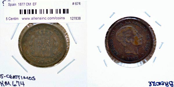 Spain, 1877 OM 5 Centimos, Cat# 674 MAIN