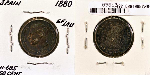 Spain, 1880 (80) MS-M 50 Centimos, Cat# 685 MAIN