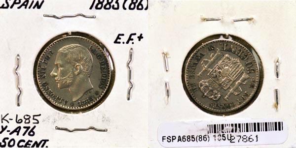 Spain, 1885 (86) MS-M 50 Centimos, Cat# 685 MAIN