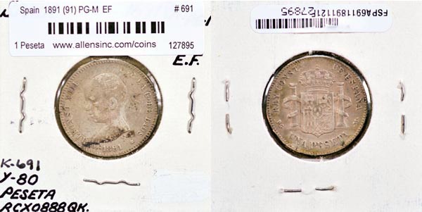 Spain, 1891 (91) PG-M 1 Peseta, Cat# 691 MAIN