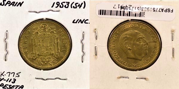 Spain, 1953 (54) 1 Peseta, Cat# 775 MAIN