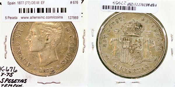 Spain, 1877 (77) DE-M 5 Pesetas, Cat# 676 MAIN