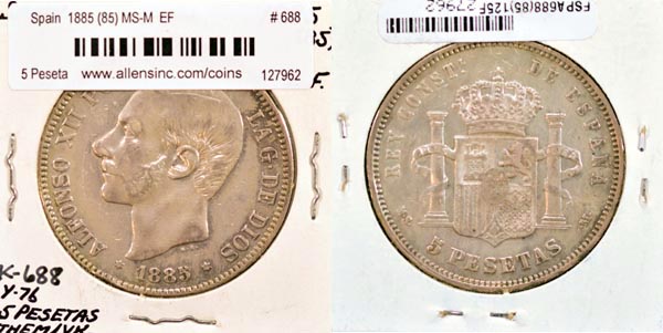Spain, 1885 (85) MS-M 5 Pesetas, Cat# 688 MAIN