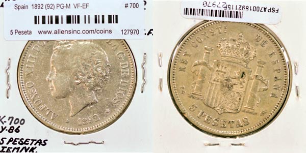 Spain, 1892 (92) PG-M 5 Pesetas, Cat# 700 MAIN