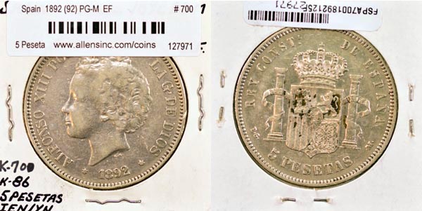 Spain, 1892 (92) PG-M 5 Pesetas, Cat# 700 MAIN
