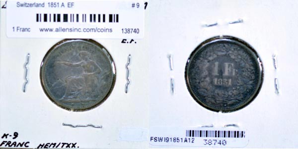 Switzerland, 1851 A 1 Franc, Cat# 9 MAIN