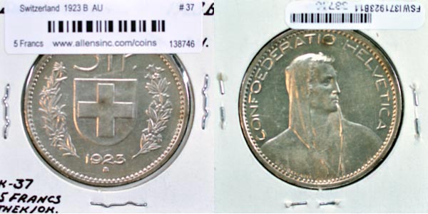 Switzerland, 1923 B 5 Francs, Cat# 37 MAIN