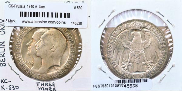 German States, Prussia, 1910 A 3 Mark, Cat# 530 MAIN