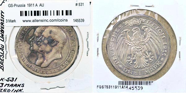 German States, Prussia, 1911 A 3 Mark, Cat# 531 MAIN
