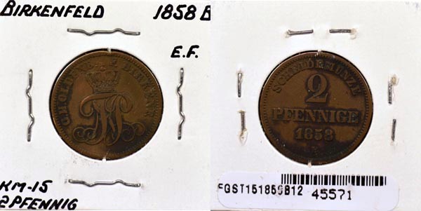 German States, Birkenfeld, 1858 B 2 Pfennige, Cat# 15 MAIN