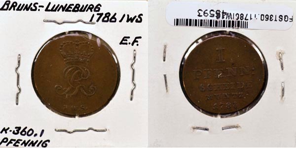 German States, Brunswick-Lun.-Cal.-Han., 1786 IWS 1 Pfenning, Cat# 360.1 MAIN