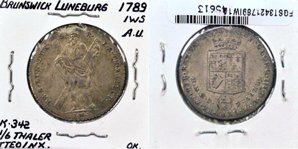 German States, Brunswick-Lun.-Cal.-Han., 1789 IWS 1/6 Thaler, Cat# 342 MAIN