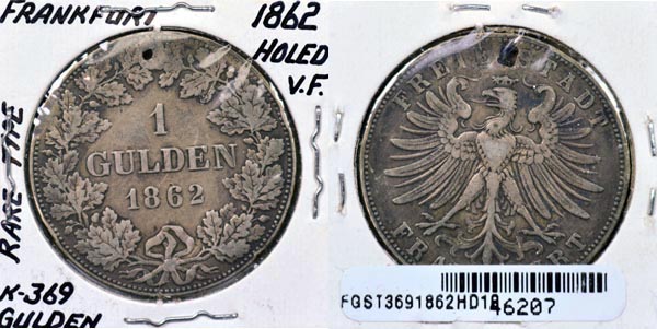 German States, Frankfurt, 1862 1 Gulden, Cat# 369 MAIN