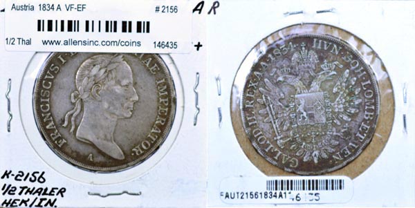Austria, 1834 A 1/2 Thaler, Cat# 2156 MAIN