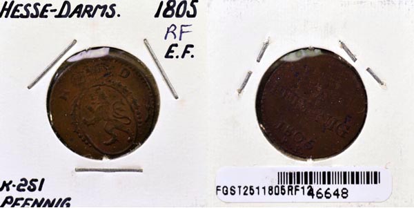 German States, Hesse-Darmstadt, 1805 RF 1 Pfennig, Cat# 251 MAIN