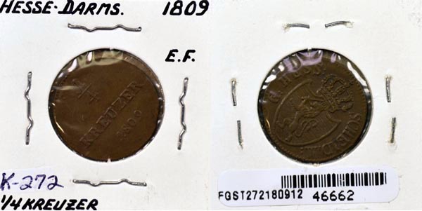 German States, Hesse-Darmstadt, 1809 1/4 Kreuzer, Cat# 272 MAIN
