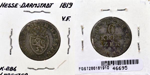 German States, Hesse-Darmstadt, 1819 6 Kreuzer, Cat# 286 MAIN