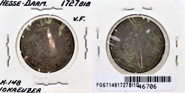 German States, Hesse-Darmstadt, 1727 BIB 10 Kreuzer, Cat# 148 MAIN