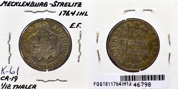 German States, Mecklenburg-Strelitz, 1764 IHL 1/12 Thaler, Cat# 61 MAIN
