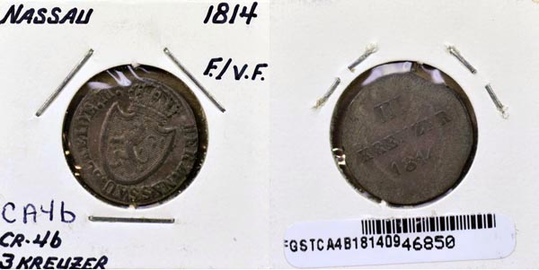 German States, Nassau, 1814 3 Kreuzer, Cat# CA4b MAIN