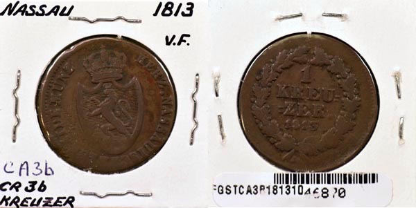 German States, Nassau, 1813 1 Kreuzer, Cat# CA3b MAIN
