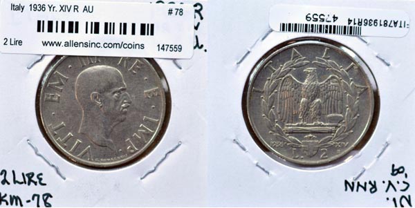 Italy, 1936 Yr. XIV R 2 Lire, Cat# 78 MAIN