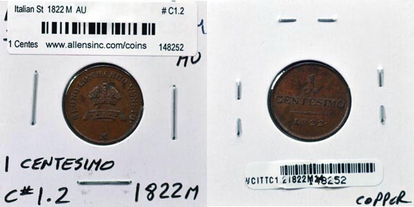 Italian States, Lombardy-Venetia, 1822 M 1 Centesimo, Cat# C1.2 MAIN